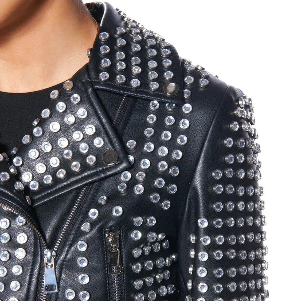 Callie Lives Xena 3006 Black AZALEA WANG 3000 Rhinestone Studded Moto Jacket ML - Picture 14 of 14